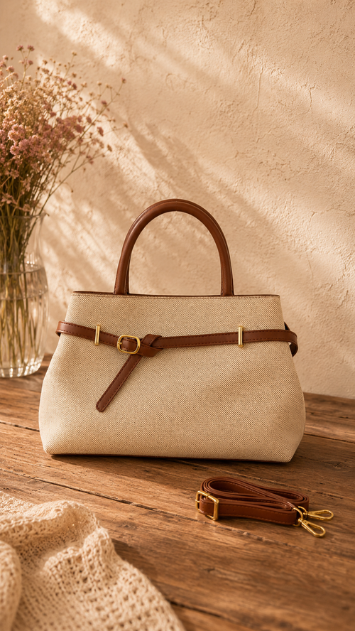 Sac à main Olane Été Camille — grand format 39 cm, lin et cuir vegan