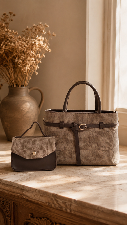 Sac à main Olane Été Émilie — toile et cuir, sac principal et mini-bag assorti